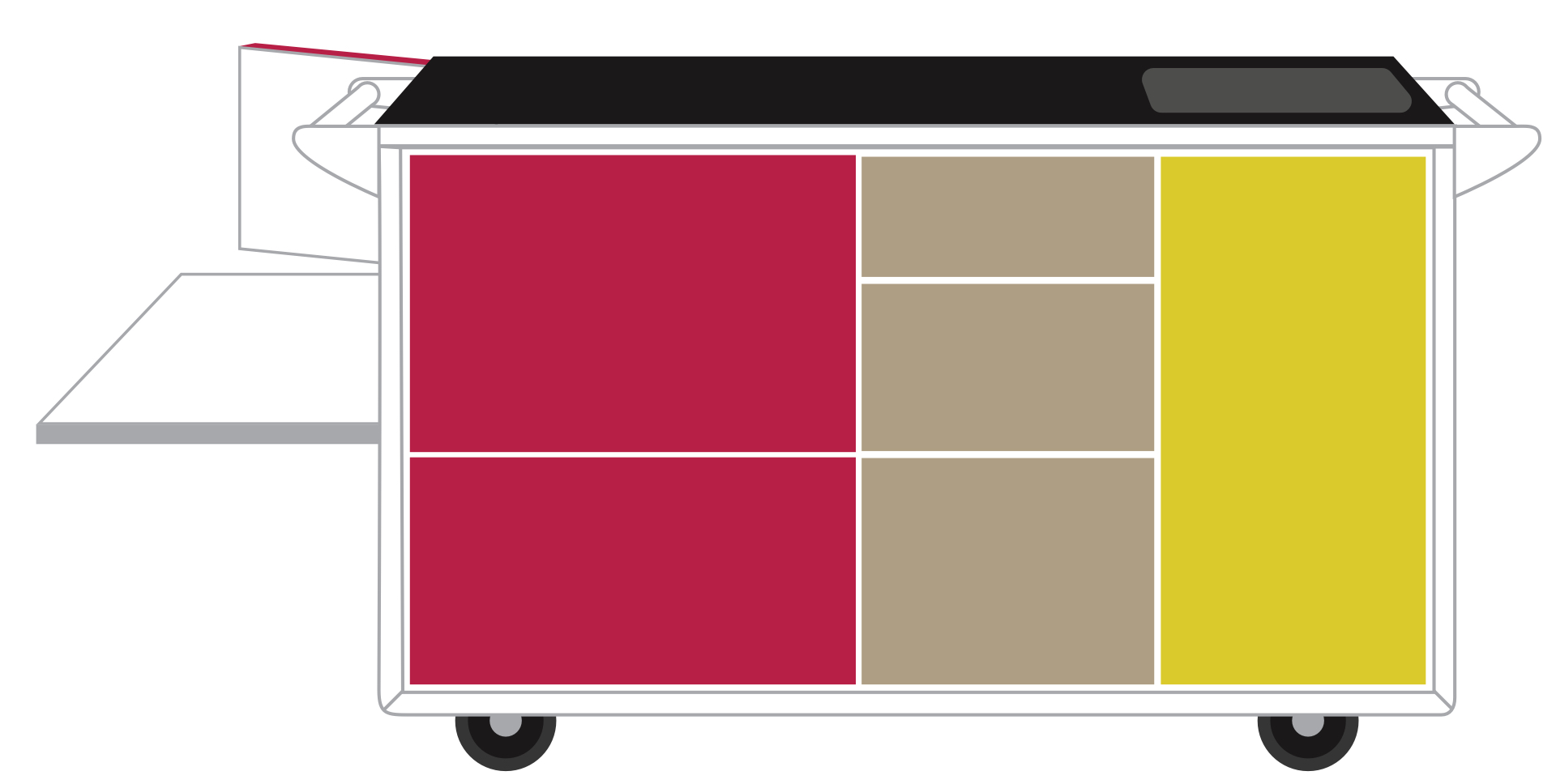 Charlie Cart operating side diagram: drawers 1–4, oven cabinet, rinse station, under-sink cabinet, and wheels